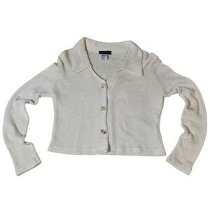 Expressions Cream Knit Collared Button Up Cardigan Large 90s Minimalist Coastal
